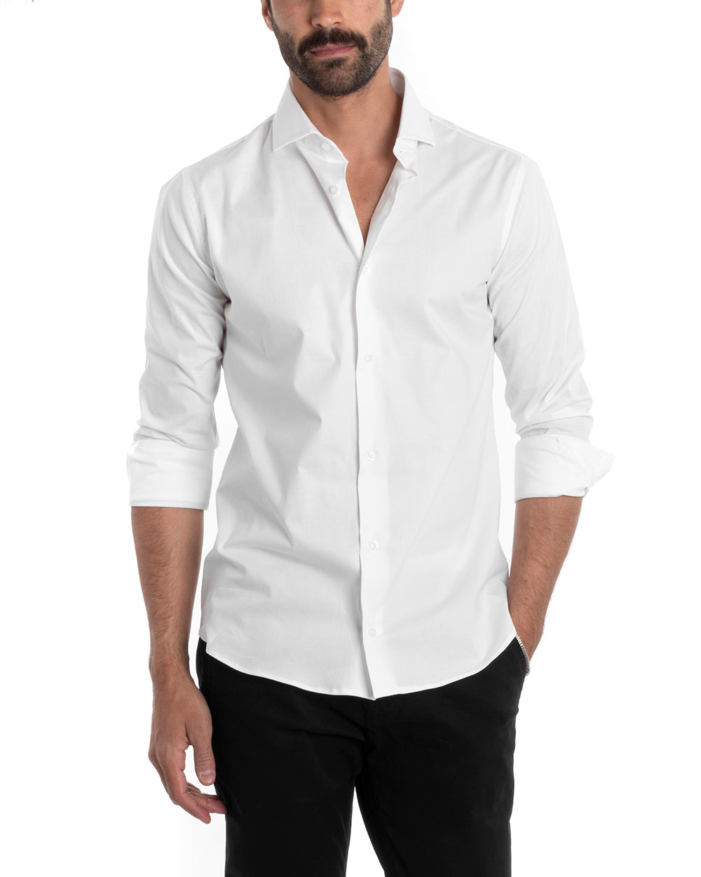 Camicia Uomo Sartoriale Con Colletto Manica Lunga Basic Cotone Morbido Bianco Regular Fit GIOSAL-C2398A
