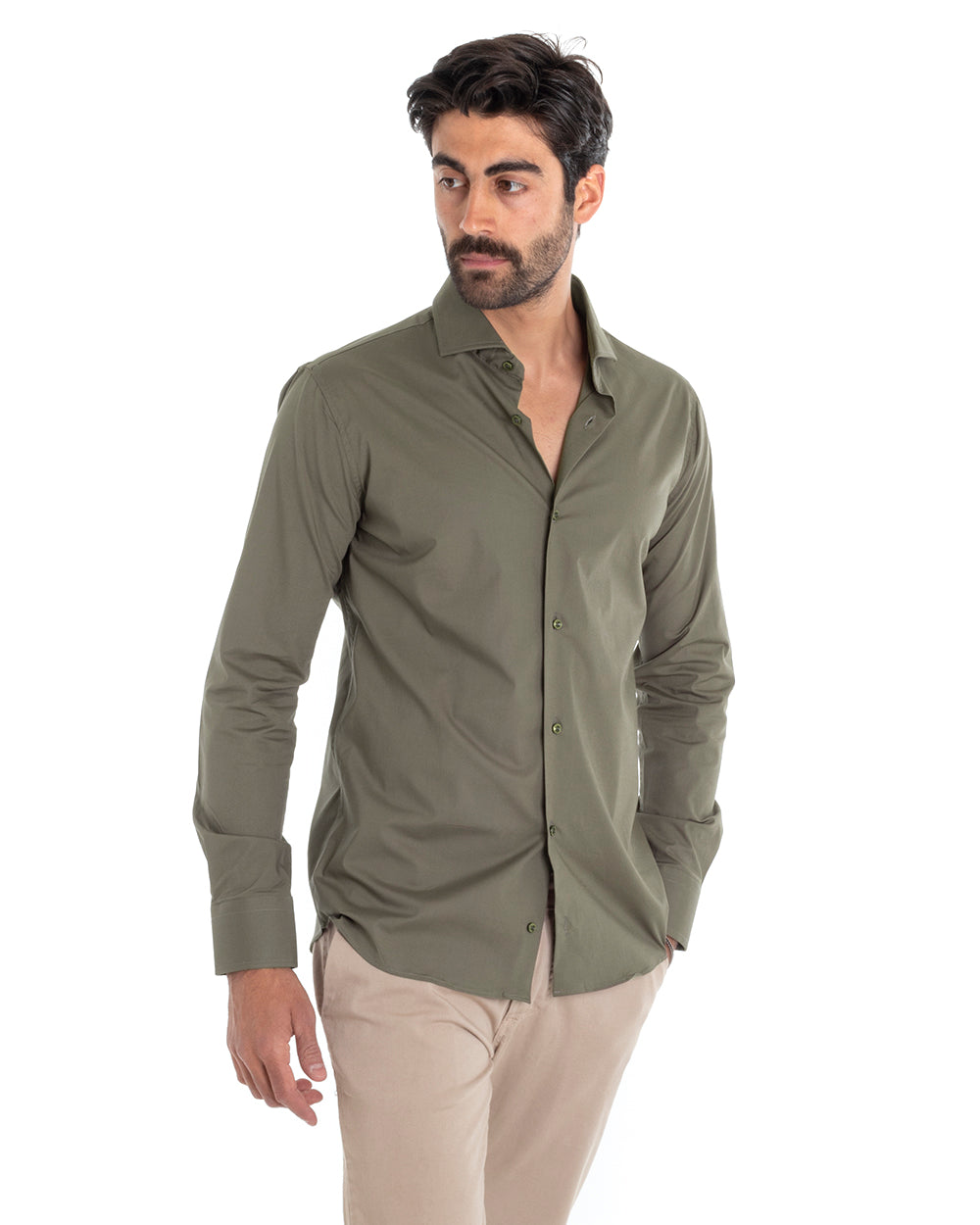 Camicia Uomo Sartoriale Con Colletto Manica Lunga Basic Cotone Morbido Verde Militare Regular Fit GIOSAL-C2401A