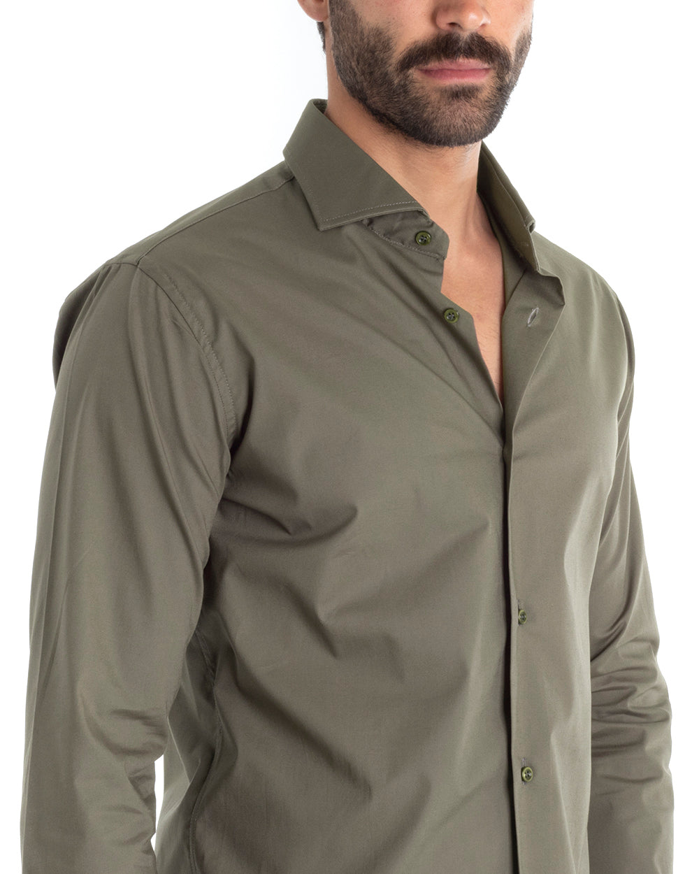 Men's Tailored Shirt With Collar Long Sleeve Basic Soft Cotton Military Green Regular Fit GIOSAL-C2401A