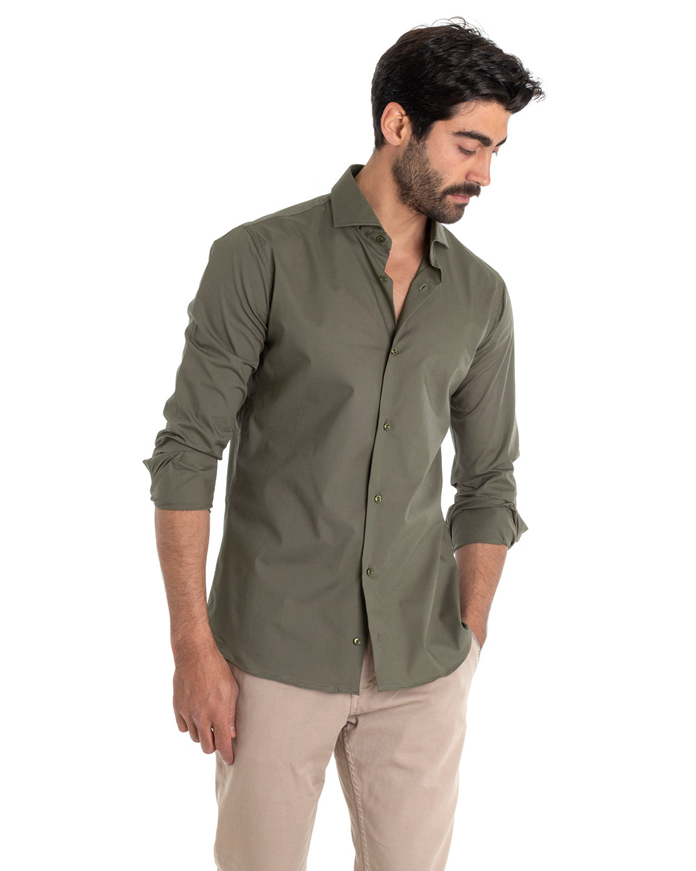 Men's Tailored Shirt With Collar Long Sleeve Basic Soft Cotton Military Green Regular Fit GIOSAL-C2401A