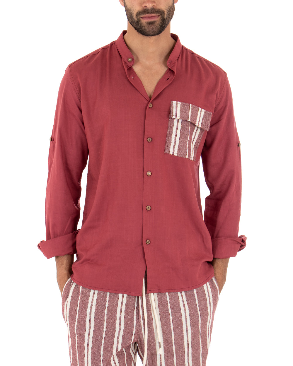 Men's Mandarin Collar Shirt Long Sleeve Regular Fit Soft Viscose Red GIOSAL-C2411A