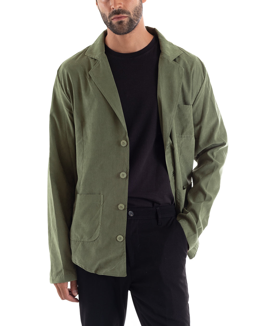 Men's Shirt With Collar Saharan Jacket Long Sleeve Green Cotton GIOSAL-C2456A