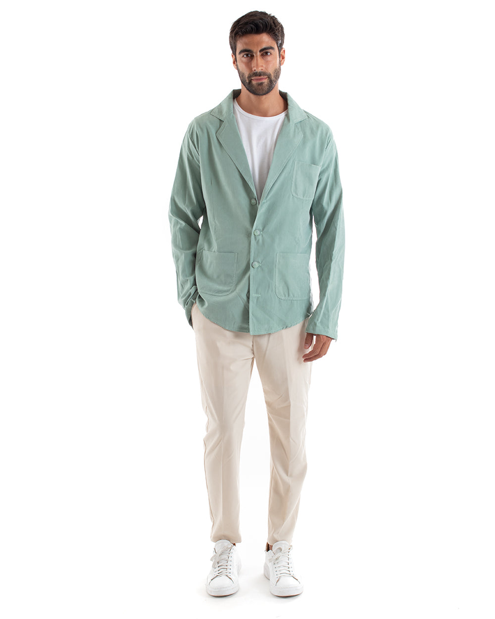 Camicia Uomo Con Colletto Giacca Sahariana Manica Lunga Cotone Verde Acqua GIOSAL-C2458A