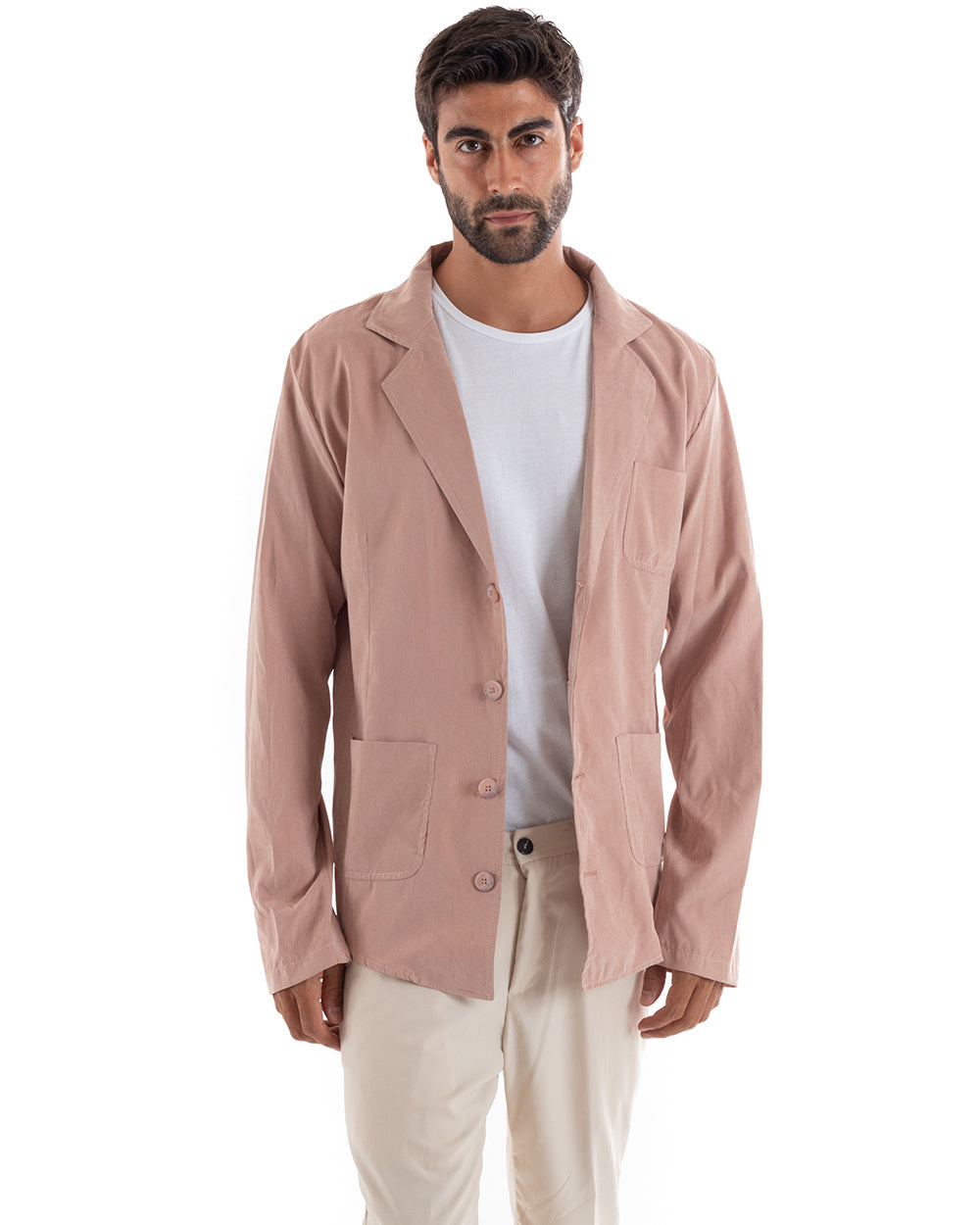 Men's Shirt With Collar Saharan Jacket Long Sleeve Pink Cotton GIOSAL-C2459A