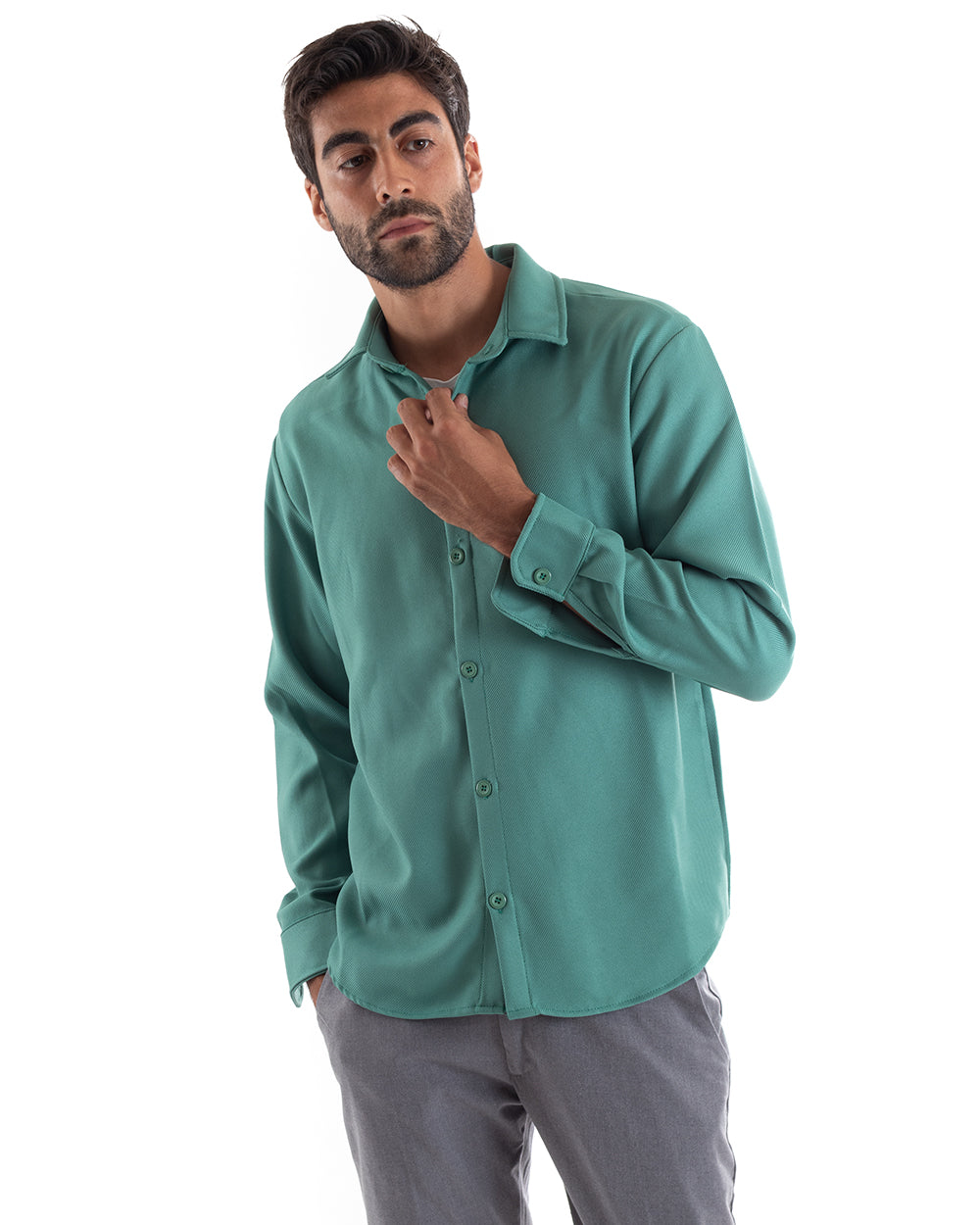 Men's Shirt With Collar Long Sleeves Plain Cotton Petrol GIOSAL-C2463A