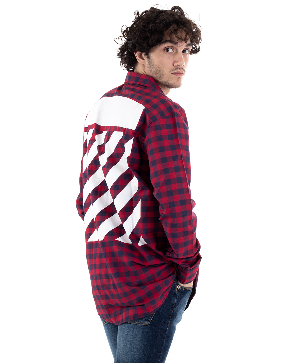 Shirt With Collar Long Sleeve Plaid Checked Shirt Red Blue GIOSAL-C2652A