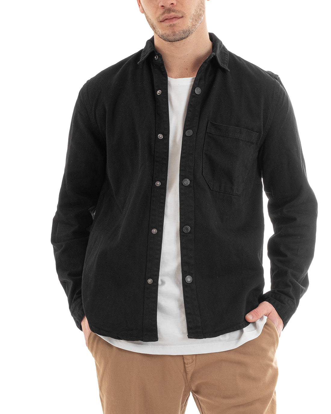 Shirt With Collar Long Sleeve Shirt Denim Jeans Jacket Black GIOSAL-C2654A