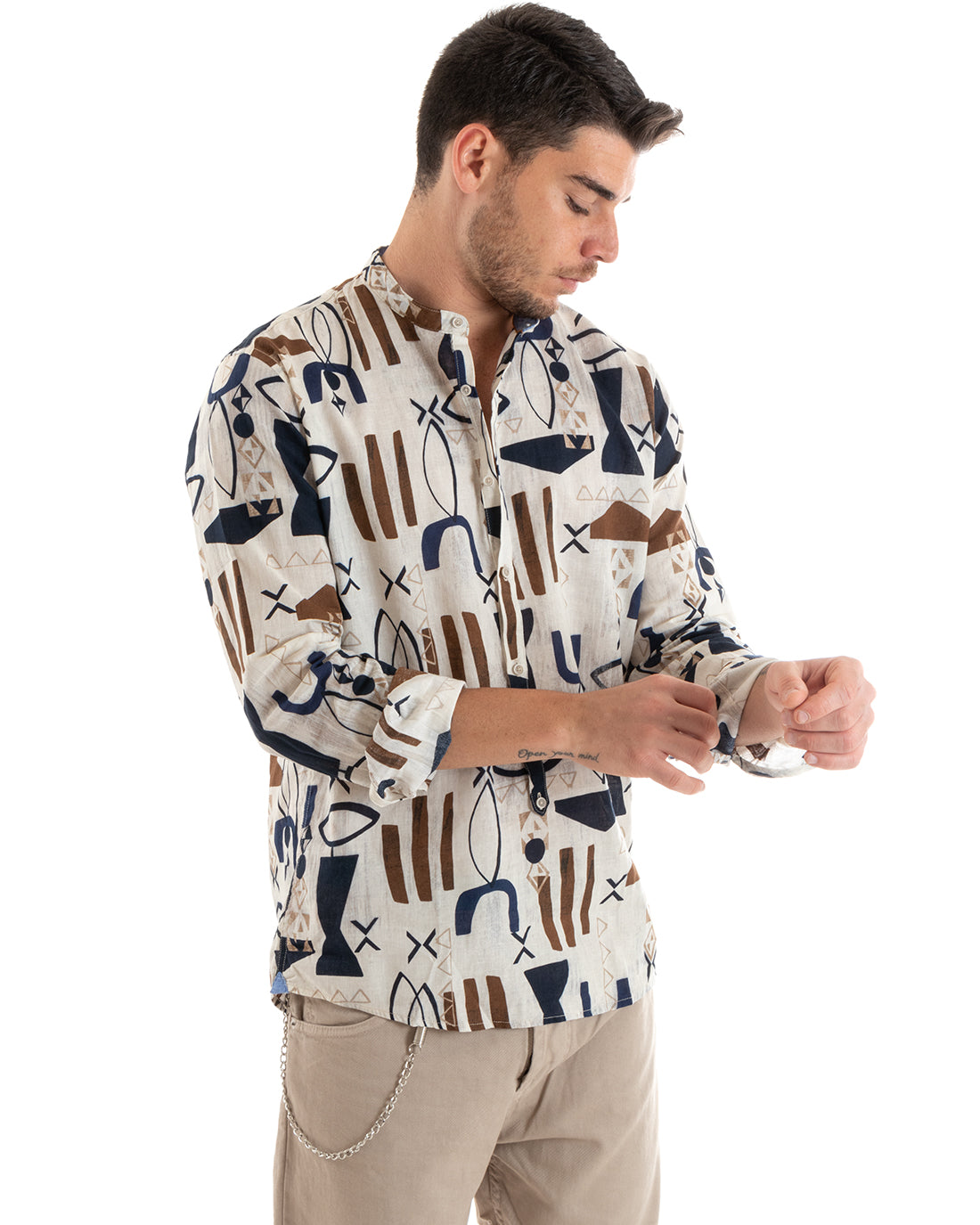 Serafino Shirt Tunic Long Sleeve Linen Beige Pattern GIOSAL-C2657A