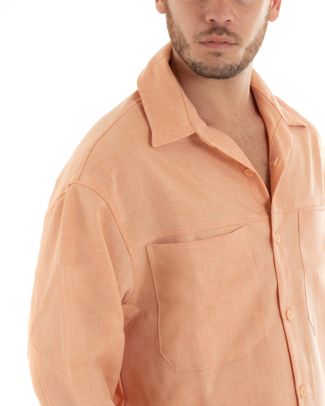 Cropped Fit Men's Shirt Long Sleeve Pocket Solid Color Peach GIOSAL-C2662A 