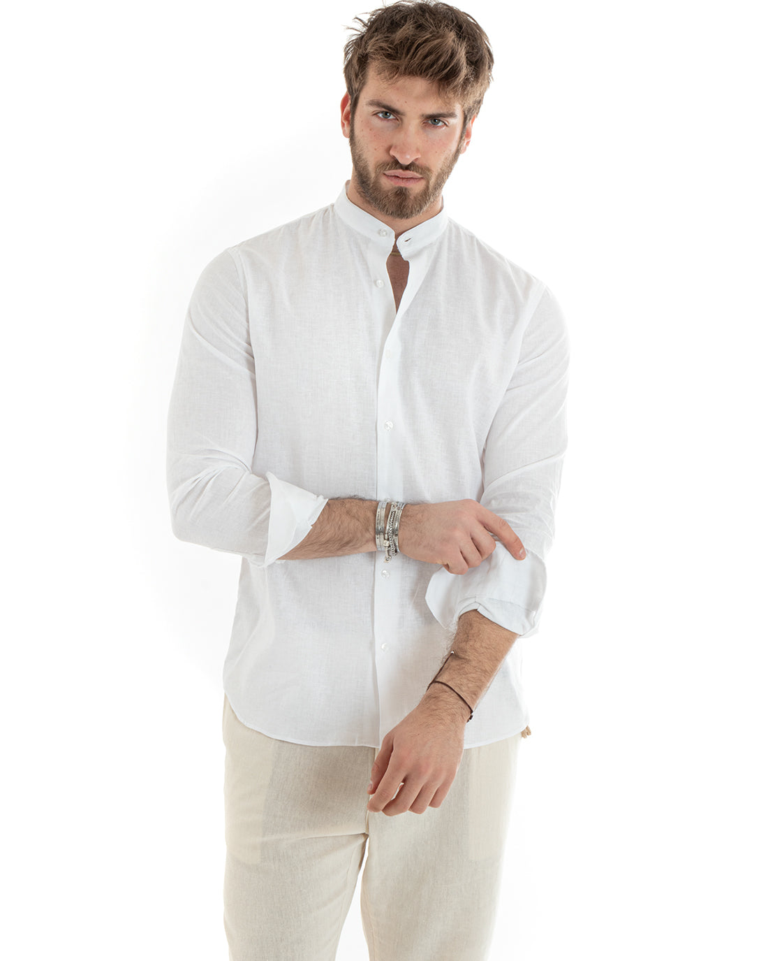 Camicia Uomo Collo Coreano Manica Lunga Lino Tinta Unita Sartoriale Bianco GIOSAL-C2665A