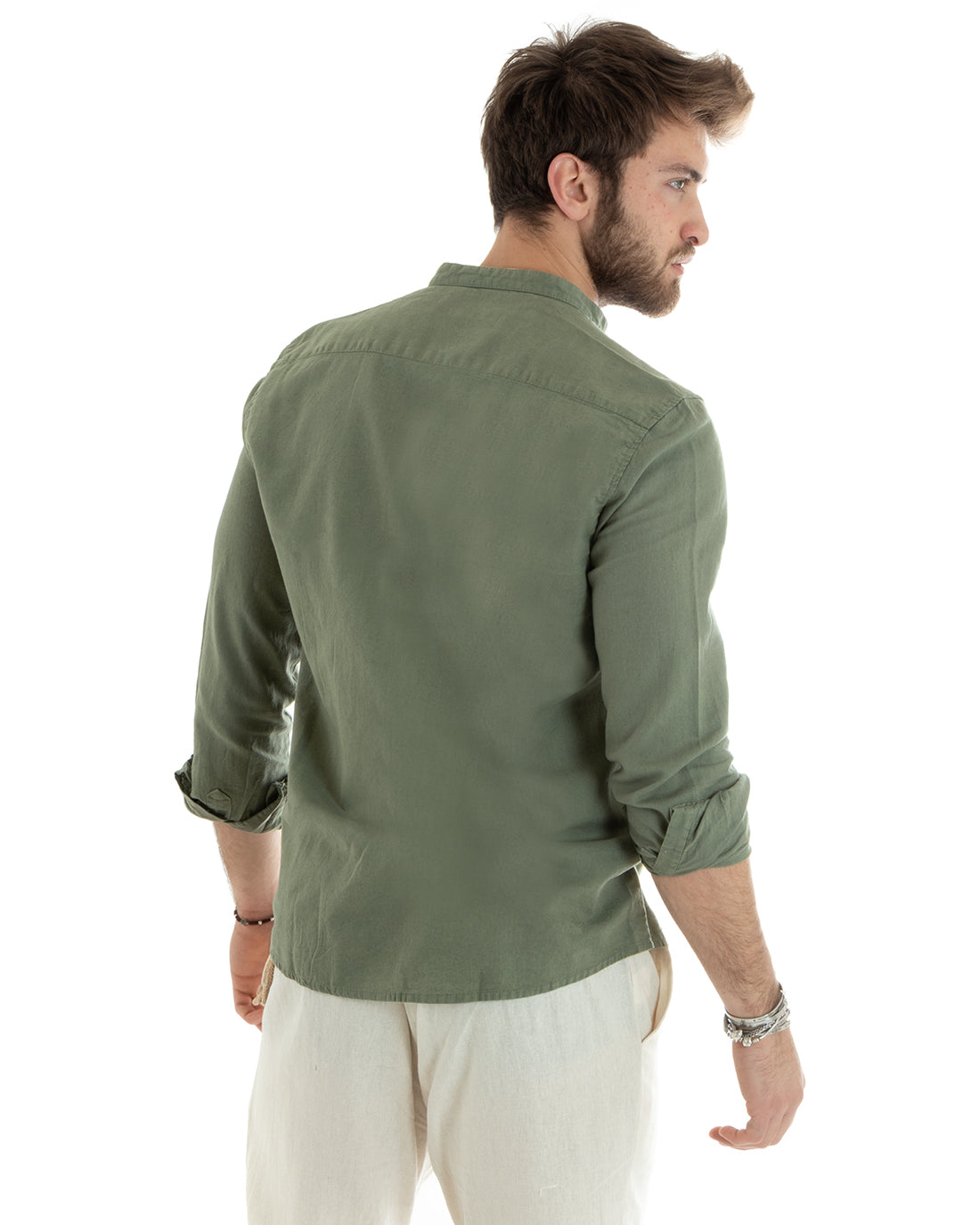 Camicia Uomo Collo Coreano Manica Lunga Lino Tinta Unita Sartoriale Verde Militare GIOSAL-C2666A