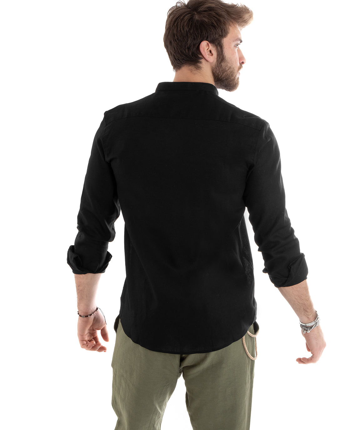 Men's Mandarin Collar Shirt Long Sleeve Linen Solid Color Tailored Black GIOSAL-C2667A