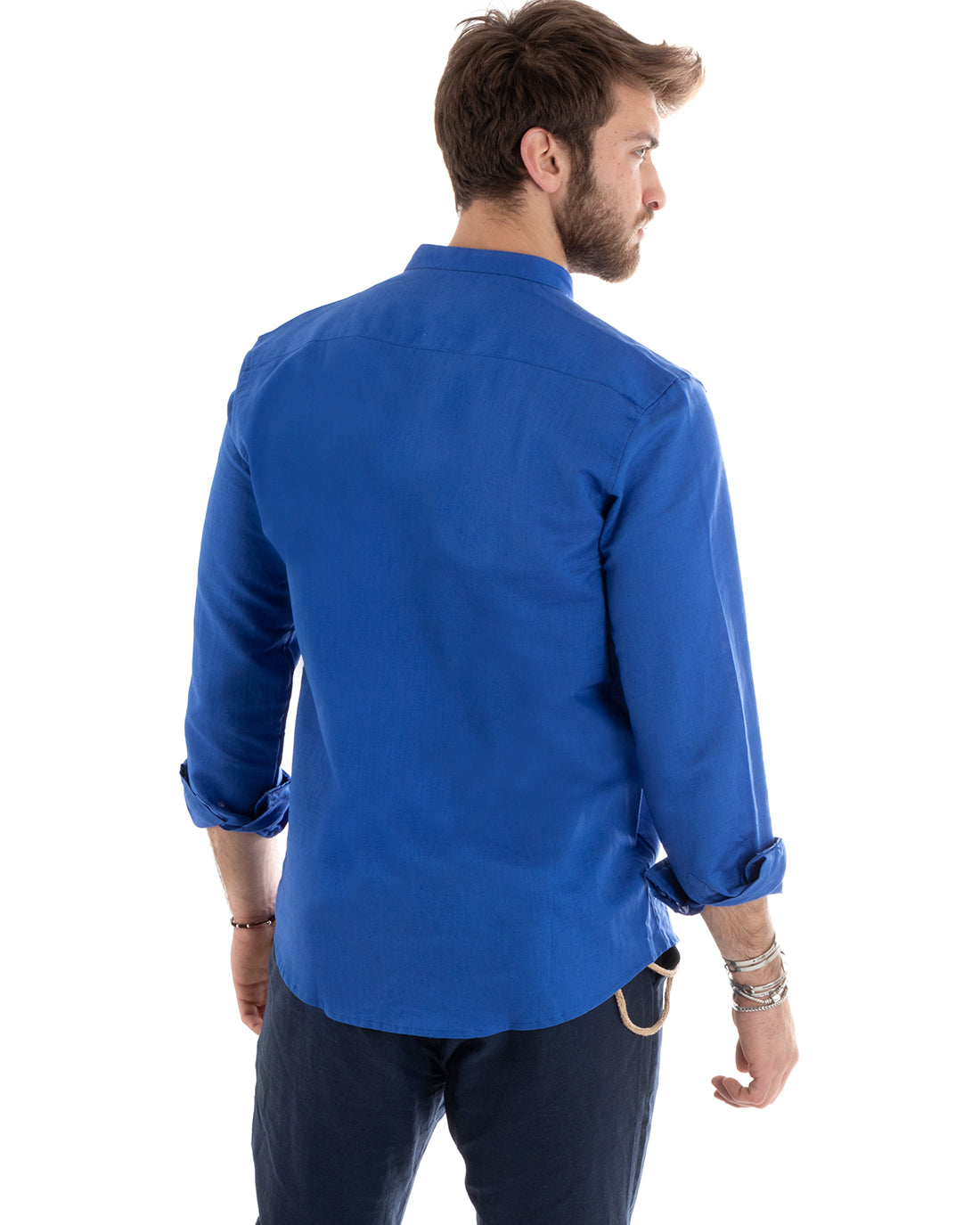 Camicia Uomo Collo Coreano Manica Lunga Lino Tinta Unita Sartoriale Blu Royal GIOSAL-C2669A