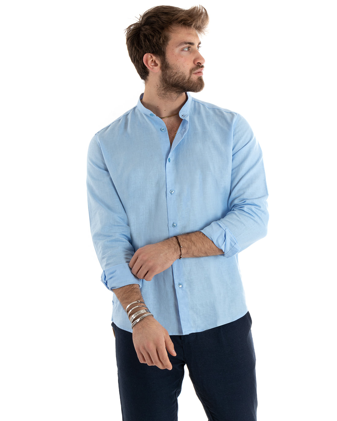 Men's Mandarin Collar Shirt Long Sleeve Linen Solid Color Tailored Light Blue GIOSAL-C2670A