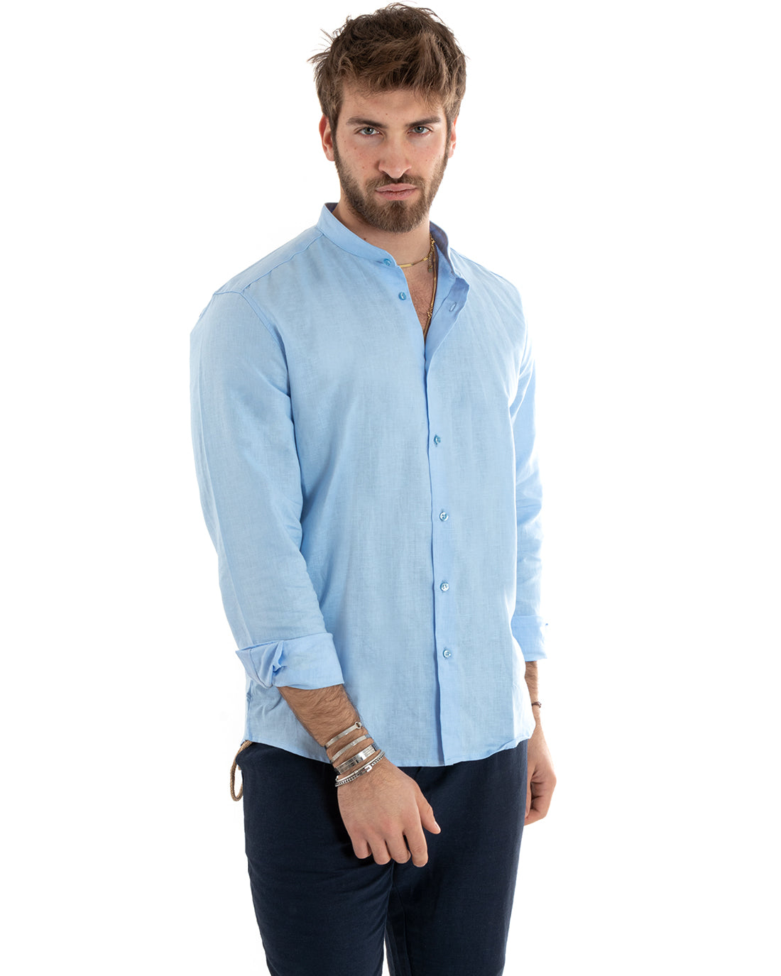 Men's Mandarin Collar Shirt Long Sleeve Linen Solid Color Tailored Light Blue GIOSAL-C2670A