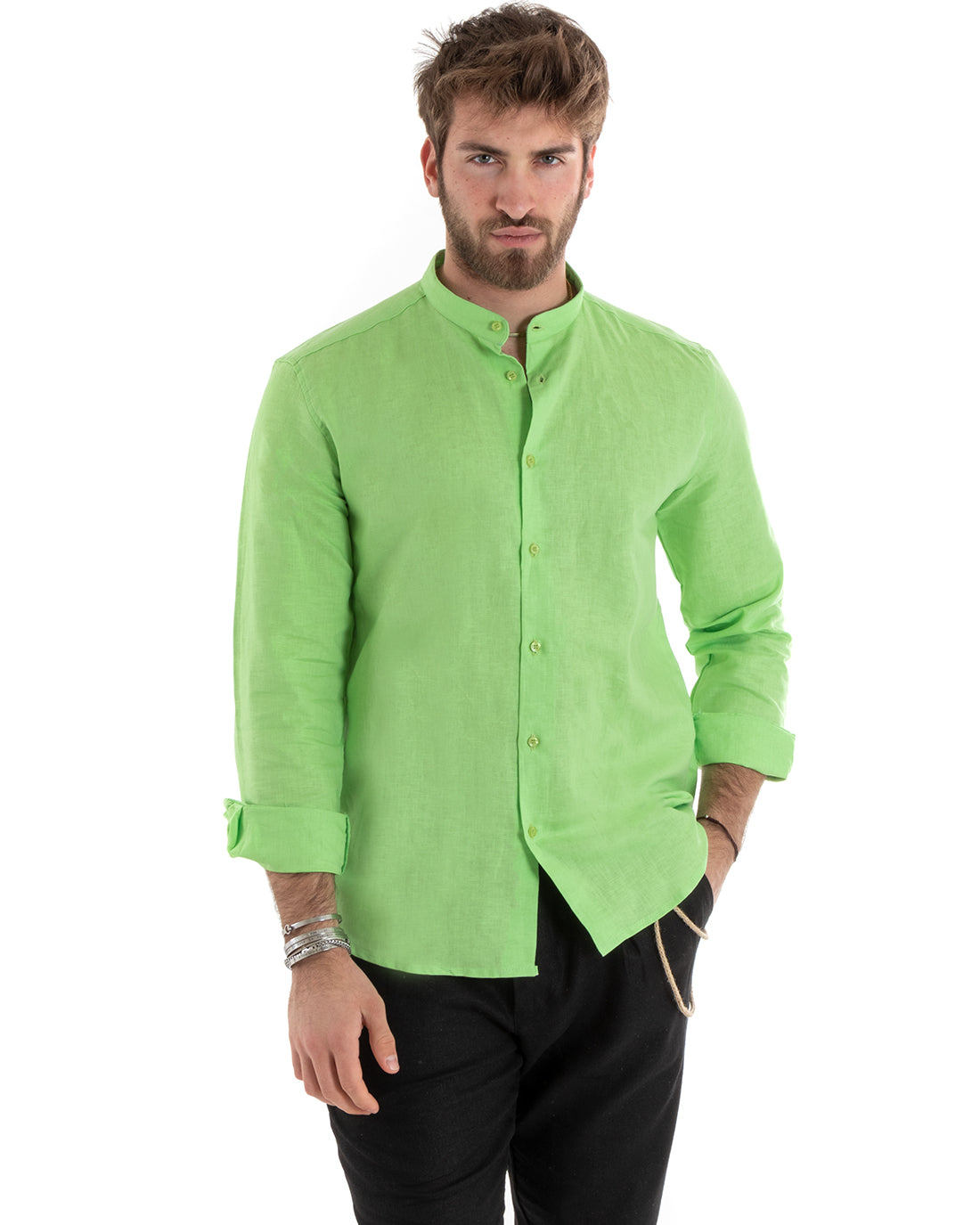 Men's Mandarin Collar Shirt Long Sleeve Linen Solid Color Tailored Pea Green GIOSAL-C2671A