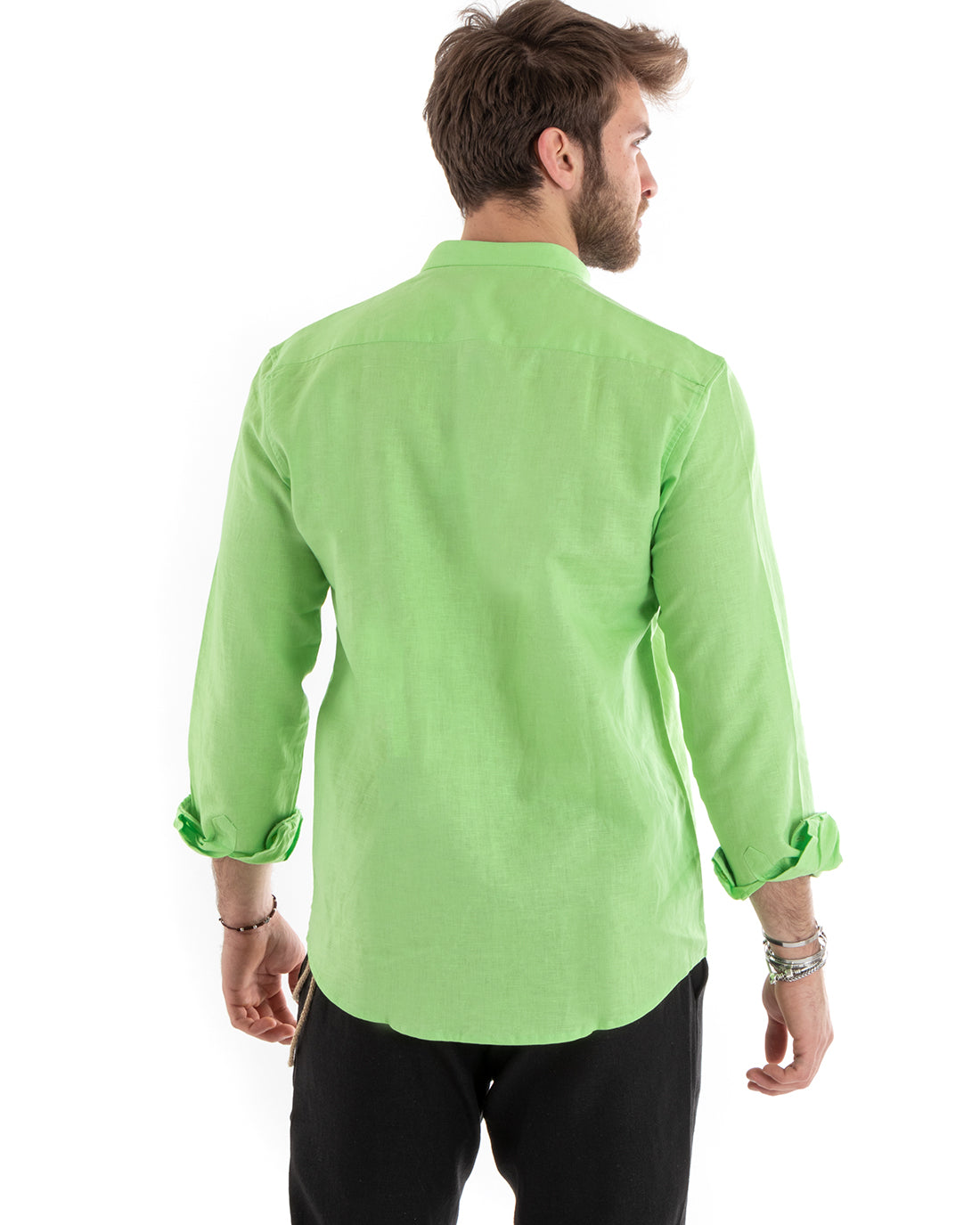 Camicia Uomo Collo Coreano Manica Lunga Lino Tinta Unita Sartoriale Verde Acido GIOSAL-C2671A