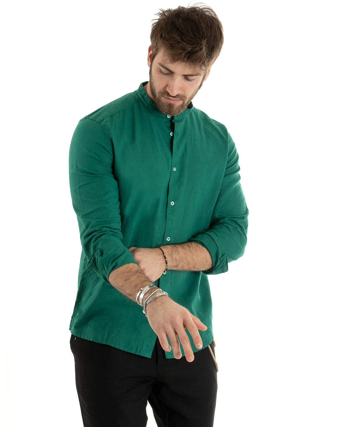 Men's Mandarin Collar Shirt Long Sleeve Linen Solid Color Tailored Petrol GIOSAL-C2673A