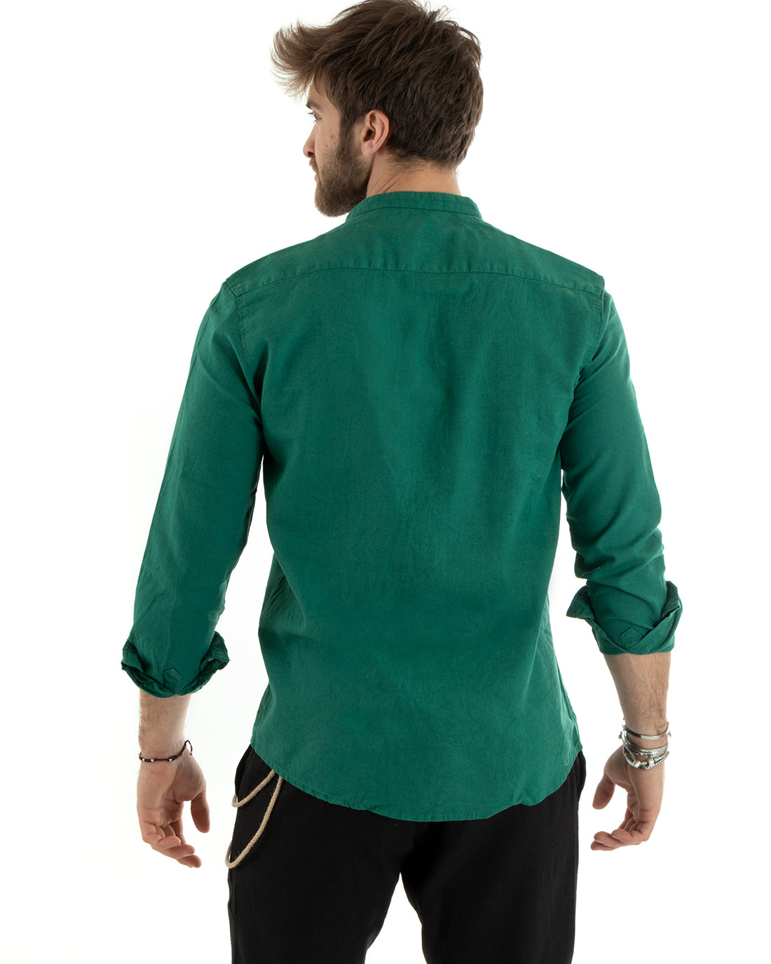 Men's Mandarin Collar Shirt Long Sleeve Linen Solid Color Tailored Petrol GIOSAL-C2673A