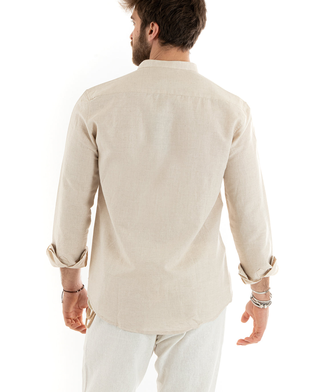 Men's Mandarin Collar Shirt Long Sleeve Linen Solid Color Tailored Beige GIOSAL-C2675A