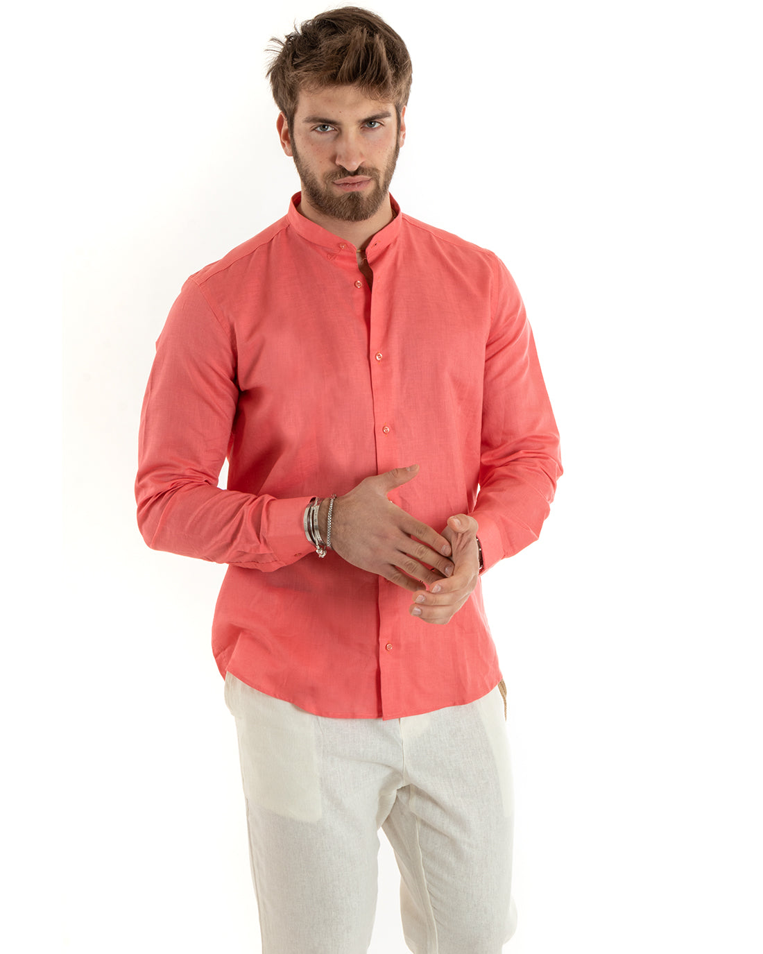 Men's Mandarin Collar Shirt Long Sleeve Linen Solid Color Tailored Coral GIOSAL-C2677A