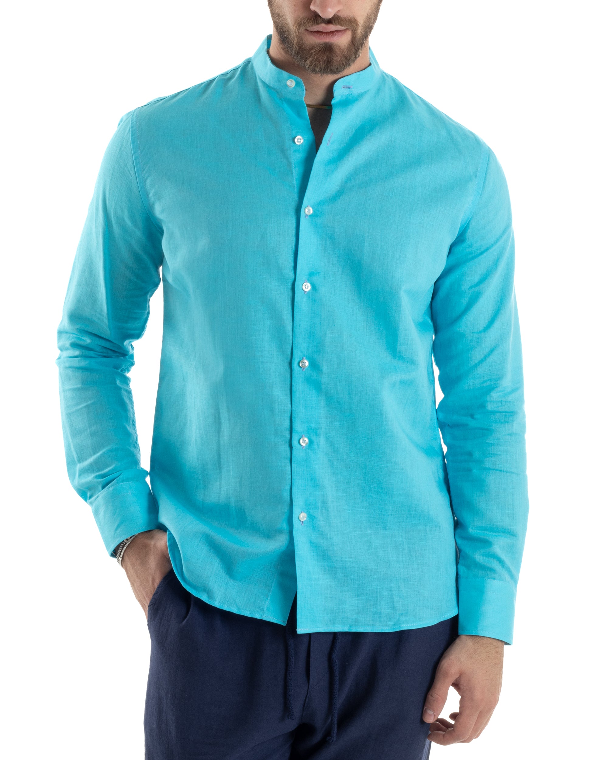 Men's Mandarin Collar Shirt Long Sleeve Linen Solid Color Tailored Turquoise GIOSAL-C2678A
