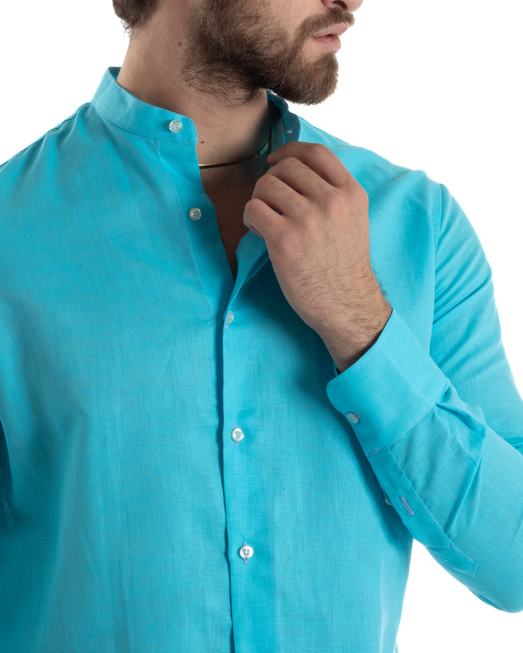 Men's Mandarin Collar Shirt Long Sleeve Linen Solid Color Tailored Turquoise GIOSAL-C2678A
