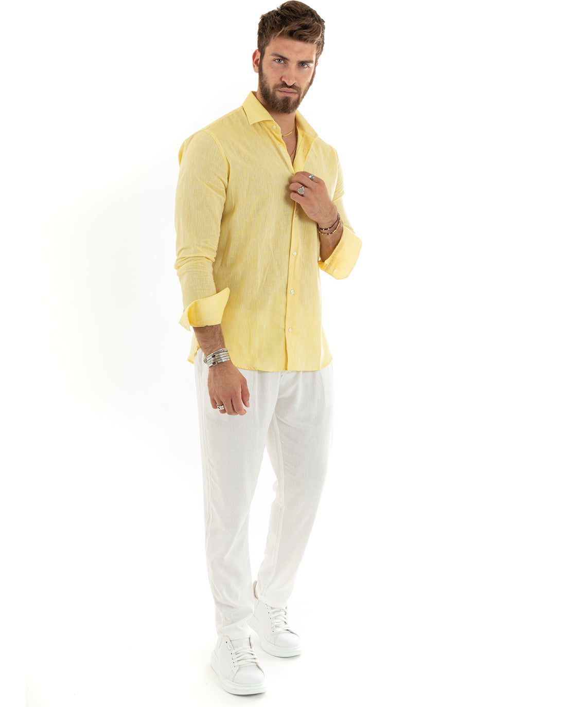 Men's Melange Linen Shirt with French Collar, Yellow Tailored C2681A