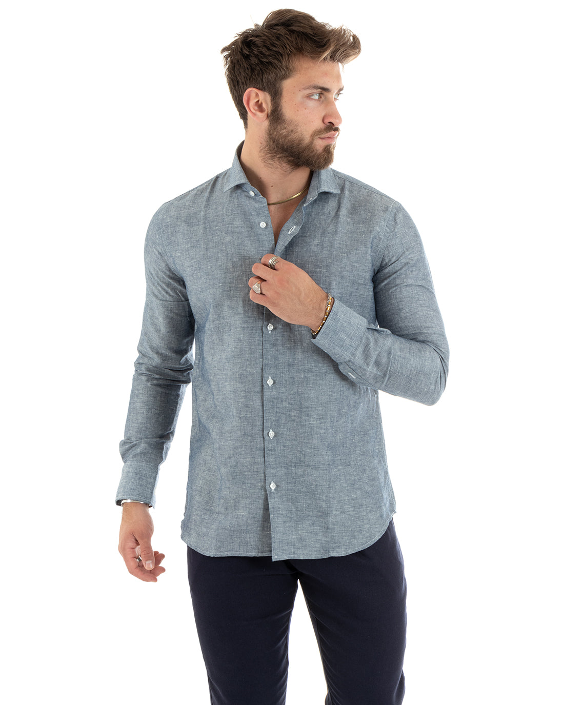 Camicia Uomo Lino Melangiata Colletto Francese Sartoriale Blu GIOSAL-C2685A