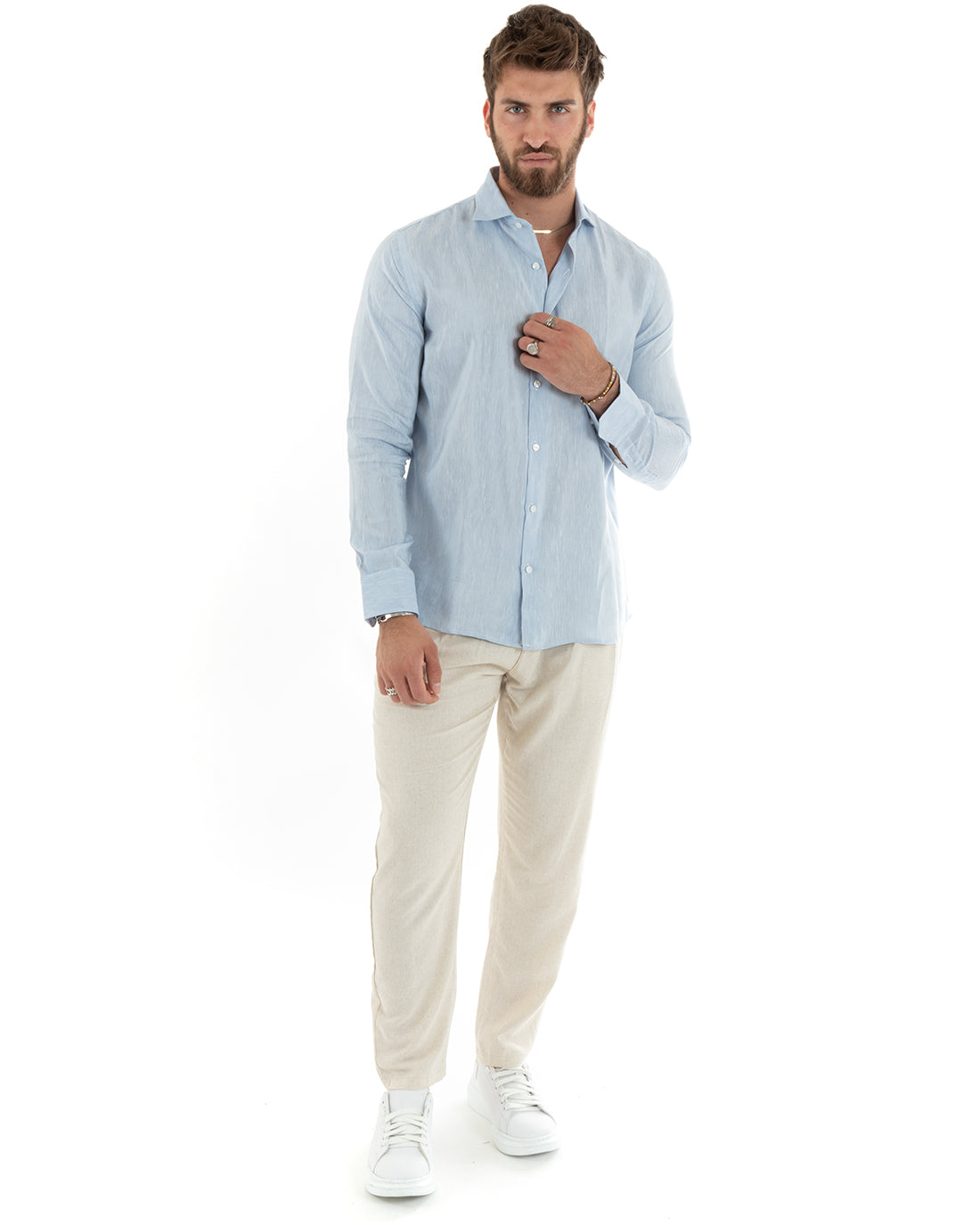 Men's Shirt With French Collar Long Sleeves Tailored Melange Linen Light Blue GIOSAL-C2686A