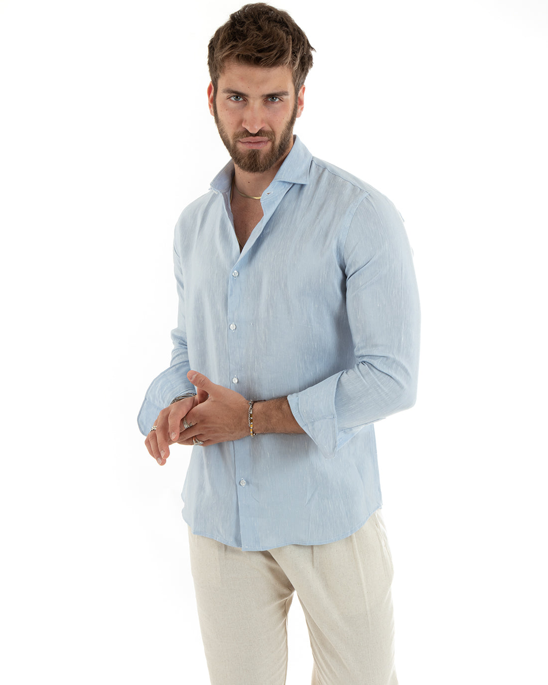 Men's Shirt With French Collar Long Sleeves Tailored Melange Linen Light Blue GIOSAL-C2686A