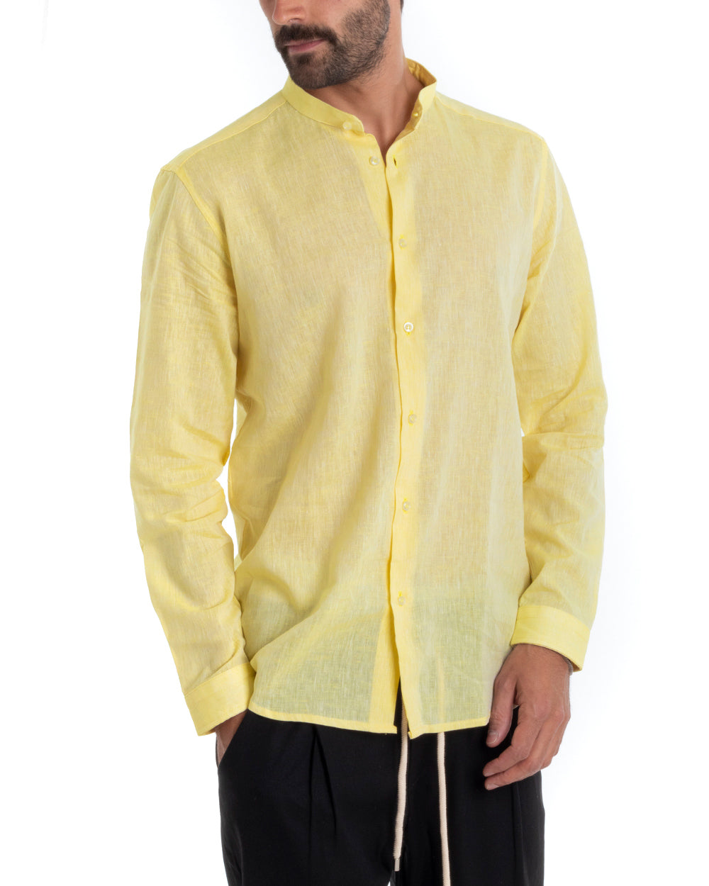 Camicia Uomo Collo Coreano Sartoriale Manica Lunga Lino Melangiata Giallo GIOSAL-C2692A