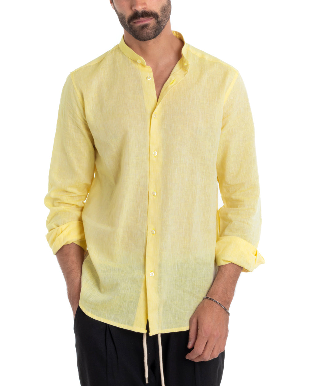 Men's Mandarin Collar Tailored Shirt Long Sleeve Melange Linen Light Yellow GIOSAL-C2692A