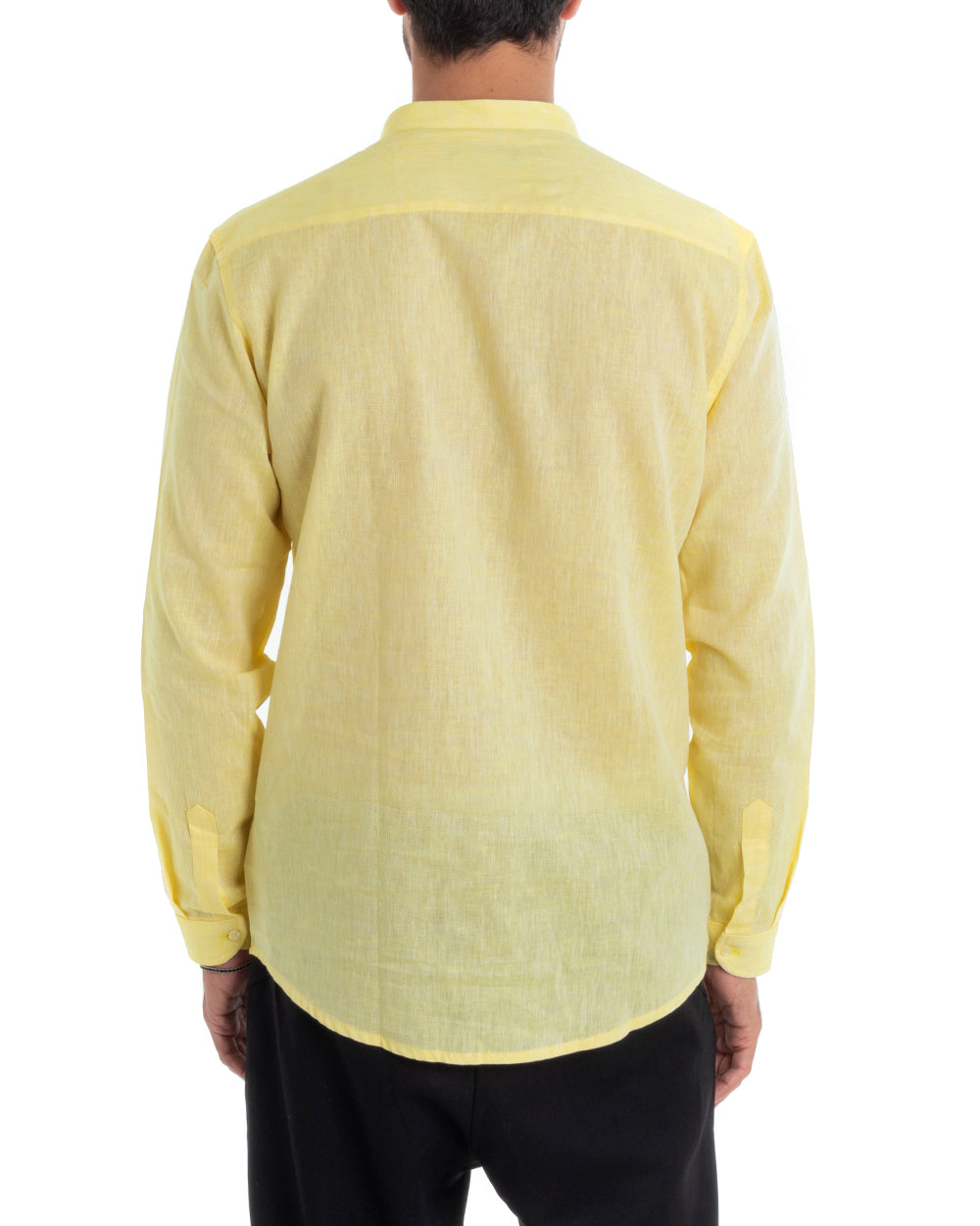 Men's Mandarin Collar Tailored Shirt Long Sleeve Melange Linen Light Yellow GIOSAL-C2692A