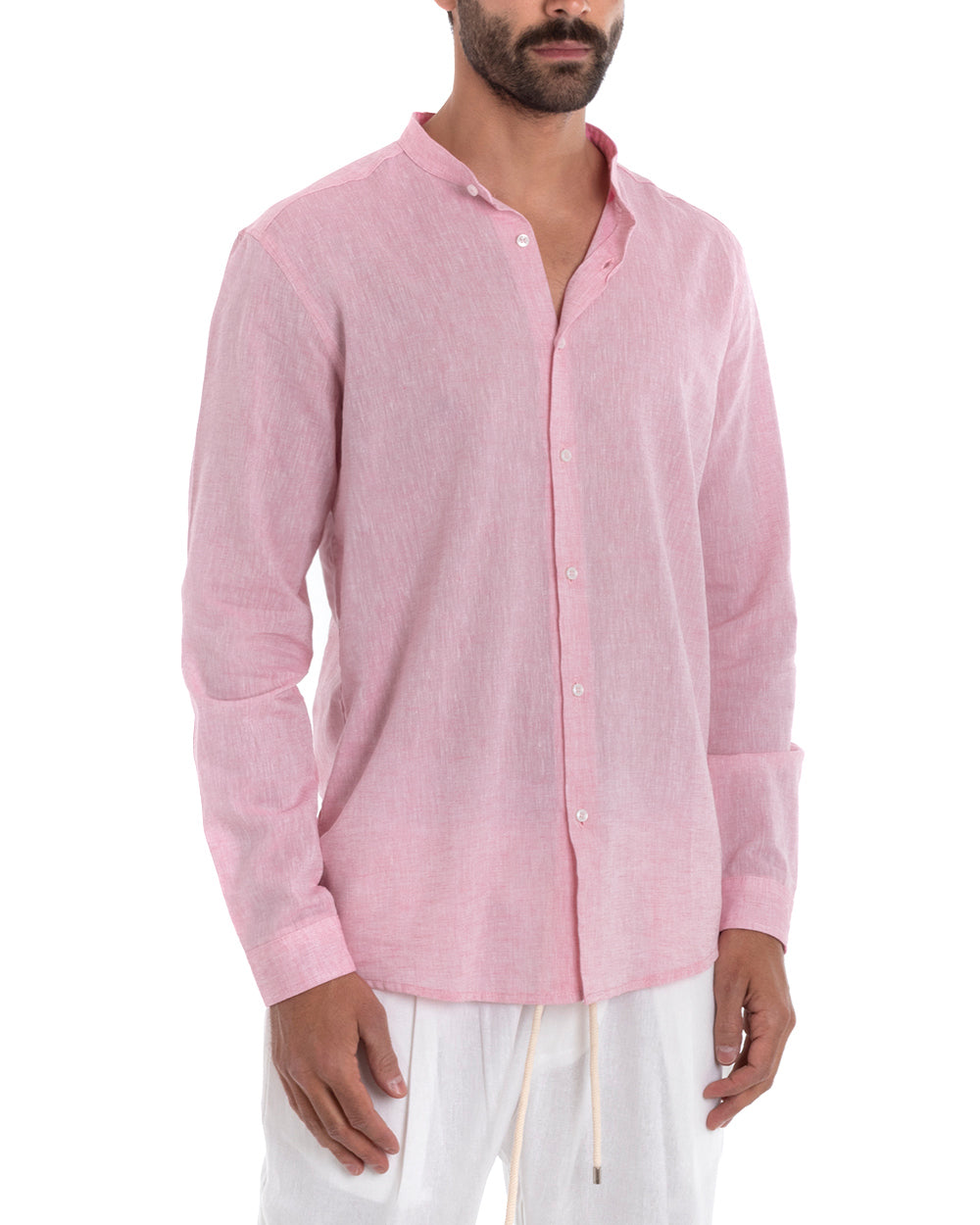 Men's Mandarin Collar Tailored Shirt Long Sleeve Melange Linen Light Pink GIOSAL-C2693A