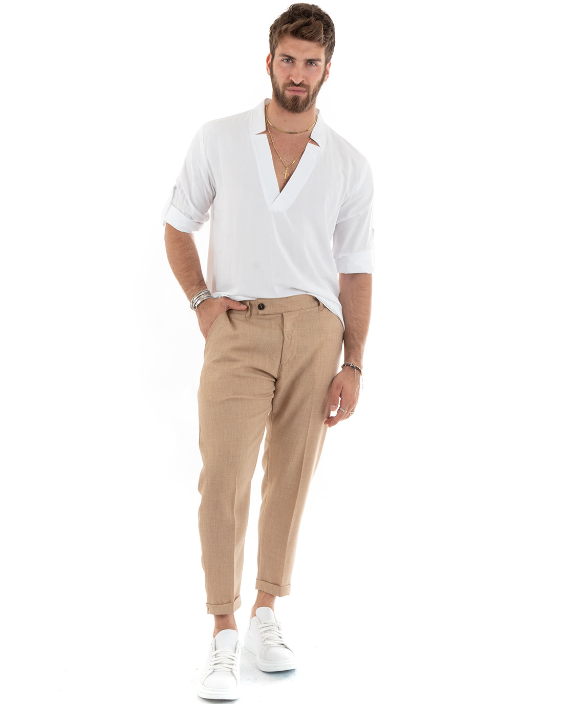 Men's Shirt V-Neck Long Sleeve Soft Light Viscose White GIOSAL-C2695A