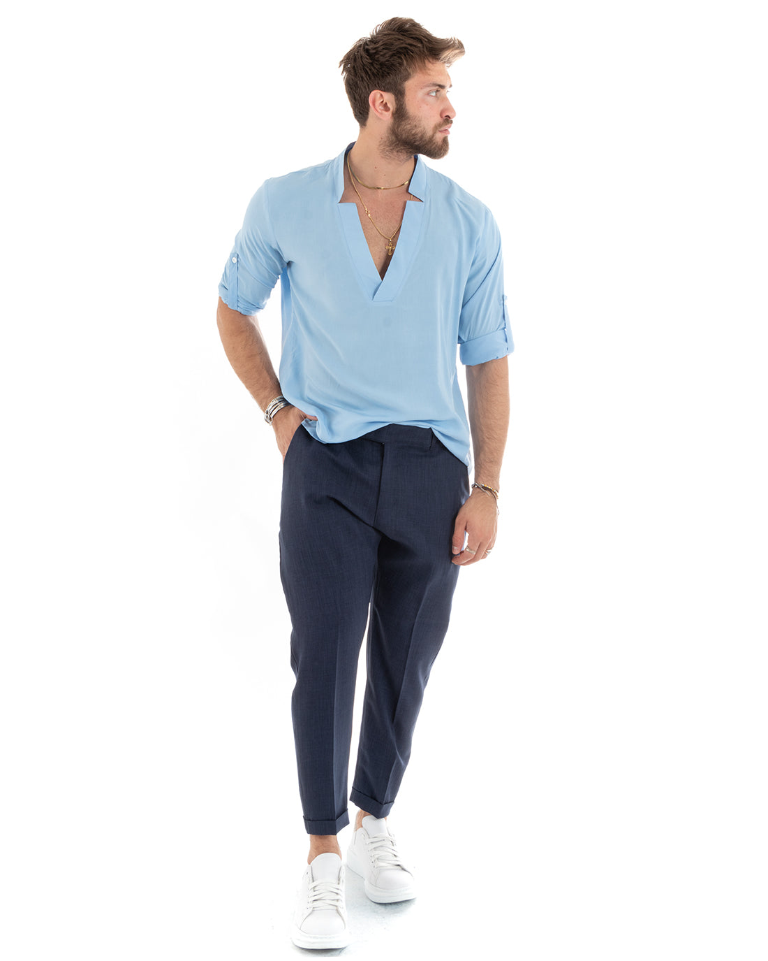 Men's Shirt V-Neck Long Sleeve Soft Light Viscose Light Blue GIOSAL-C2696A
