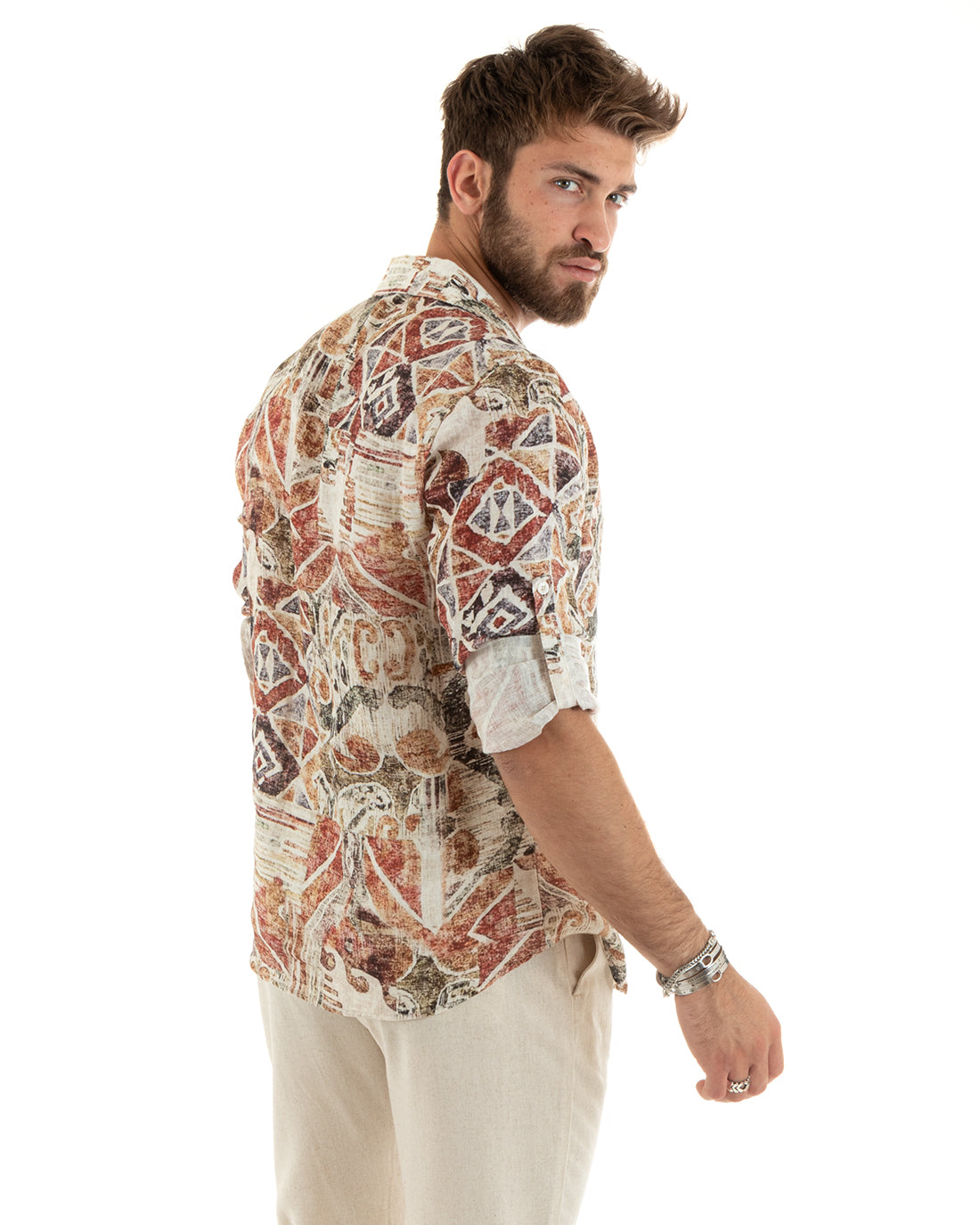 Camicia Uomo Con Colletto Manica Lunga Lino Morbida Leggera Fantasia Multicolore GIOSAL-C2705A