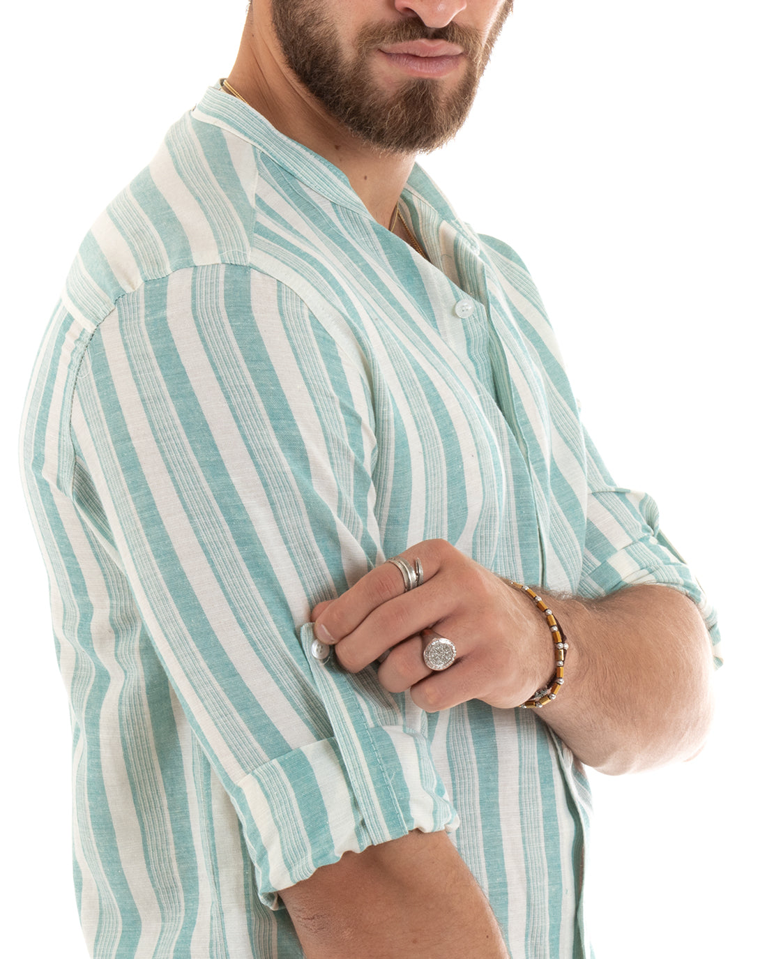 Men's Mandarin Collar Shirt Long Sleeve Linen Striped Water Green GIOSAL-C2708A