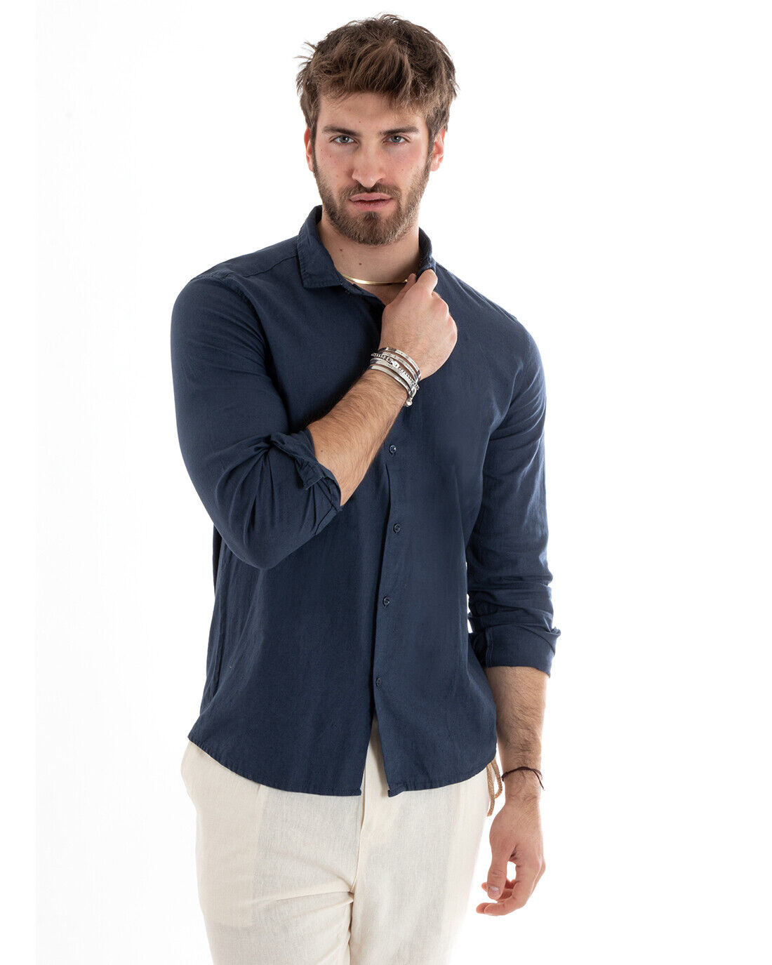 Camicia Uomo Con Colletto Tinta Unita Blu Lino Manica Lunga Casual Sartoriale GIOSAL-C2712A