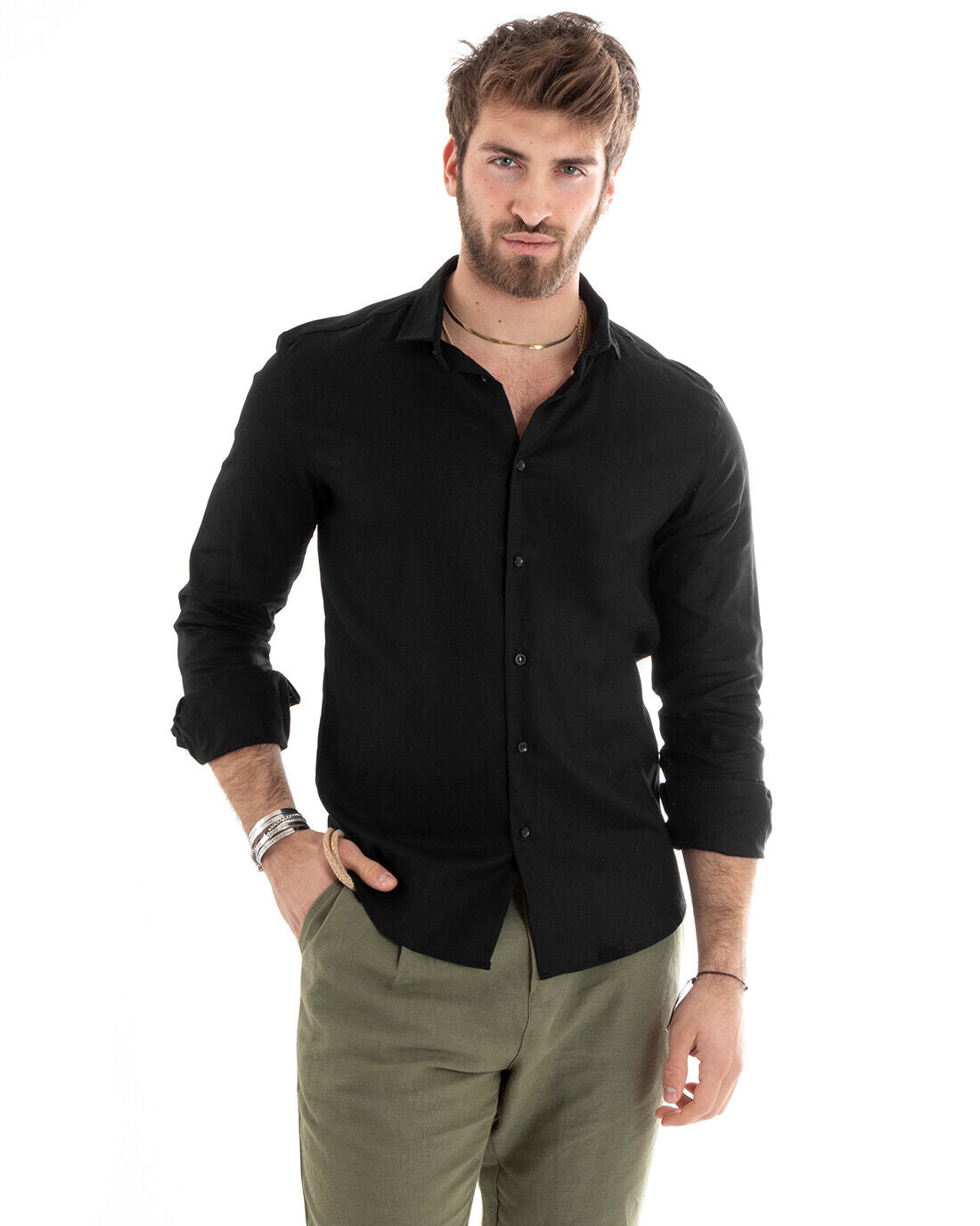 Camicia Uomo Con Colletto Tinta Unita Nera Lino Manica Lunga Casual Sartoriale GIOSAL-C2715A
