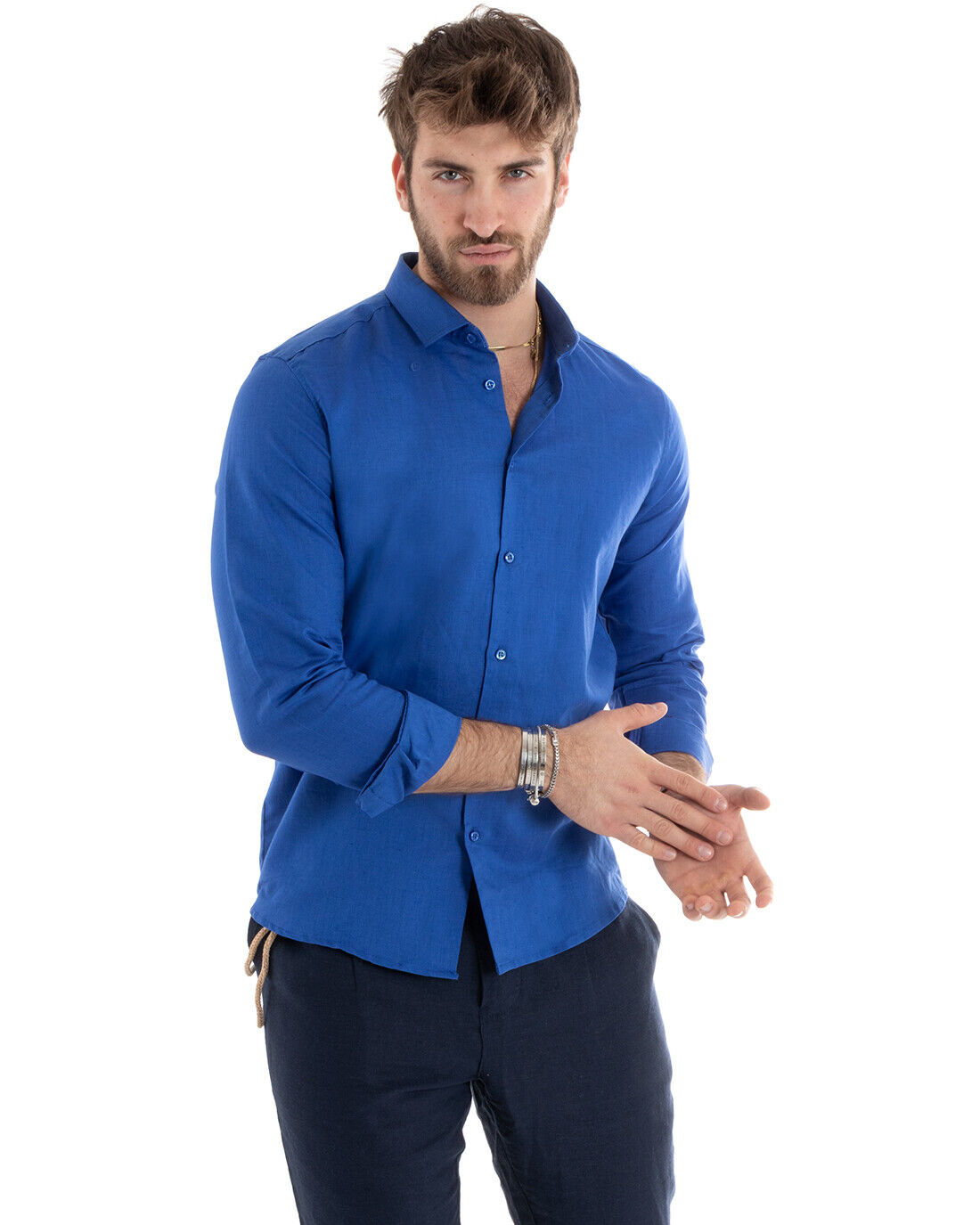 Men's Shirt With Collar Solid Color Royal Blue Linen Long Sleeve Casual Tailored GIOSAL-C2717A