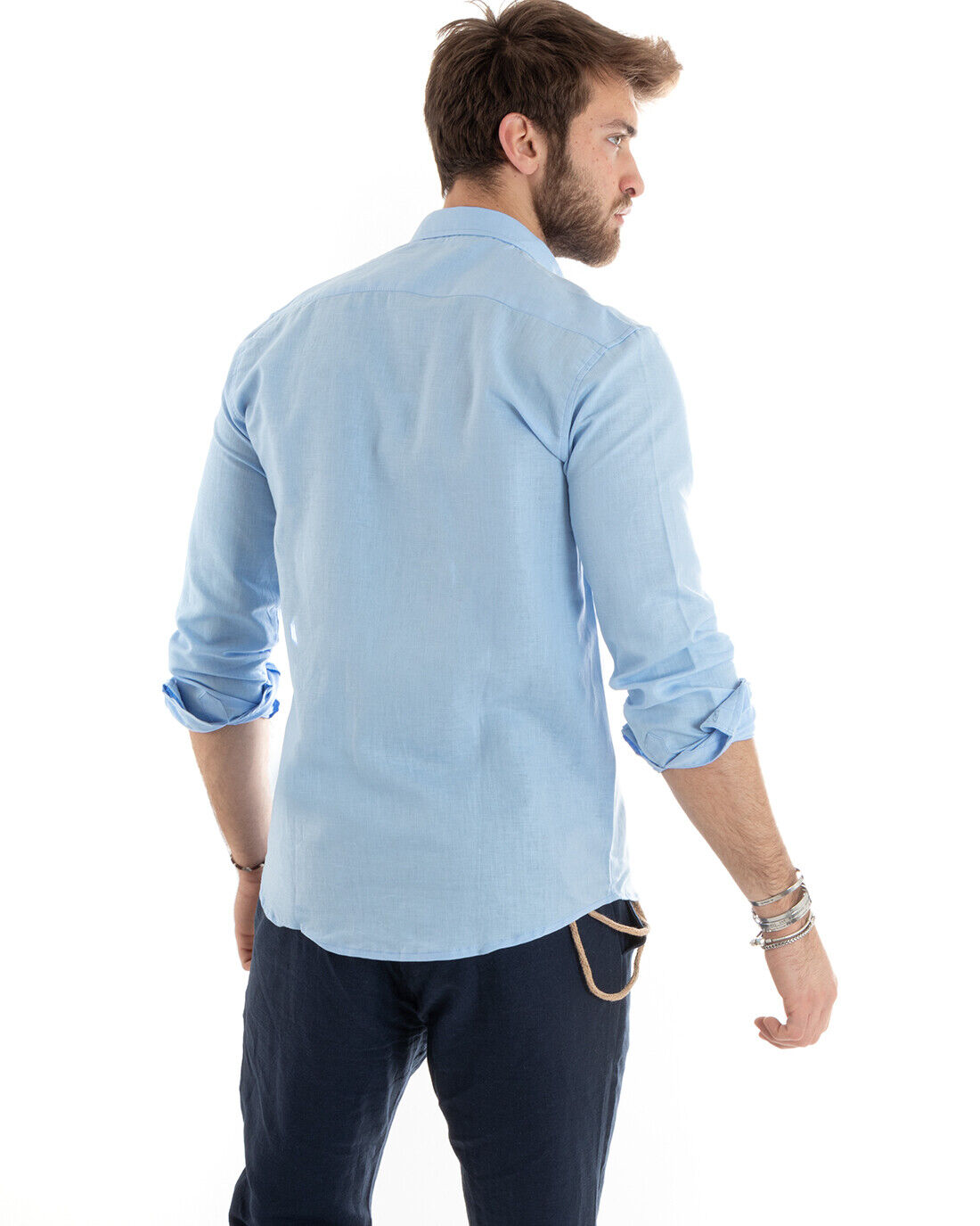 Camicia Uomo Con Colletto Tinta Unita Celeste Lino Manica Lunga Casual Sartoriale GIOSAL-C2718A