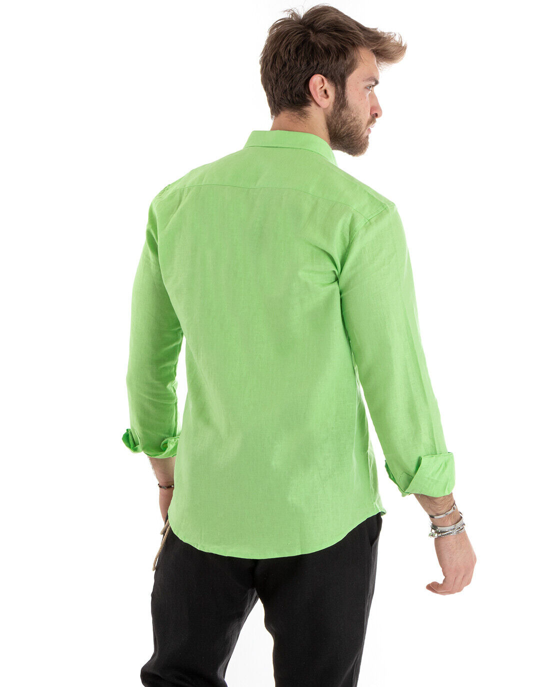Camicia Uomo Con Colletto Tinta Unita Verde Acido Lino Manica Lunga Casual Sartoriale GIOSAL-C2719A