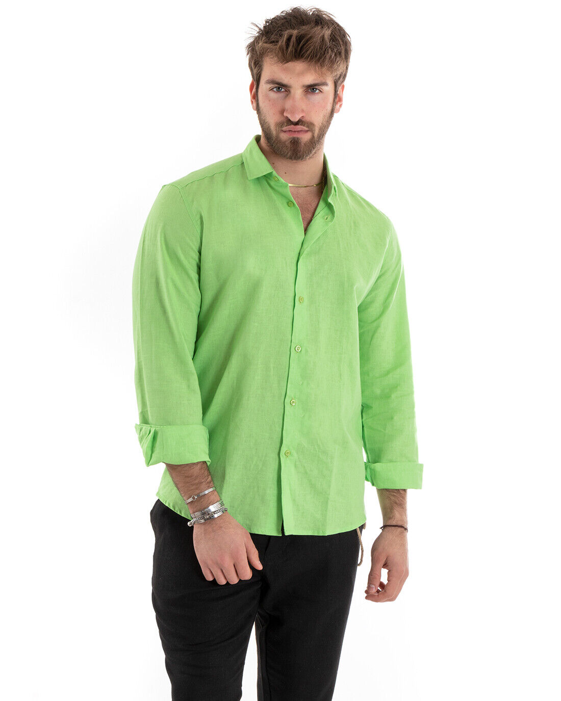 Camicia Uomo Con Colletto Tinta Unita Verde Acido Lino Manica Lunga Casual Sartoriale GIOSAL-C2719A