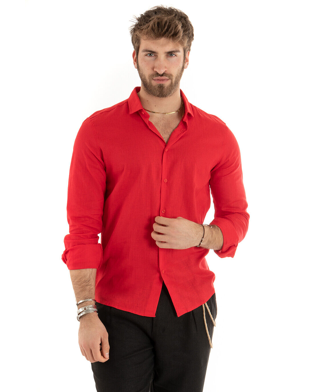 Camicia Uomo Con Colletto Tinta Unita Rosso Lino Manica Lunga Casual Sartoriale GIOSAL-C2721A