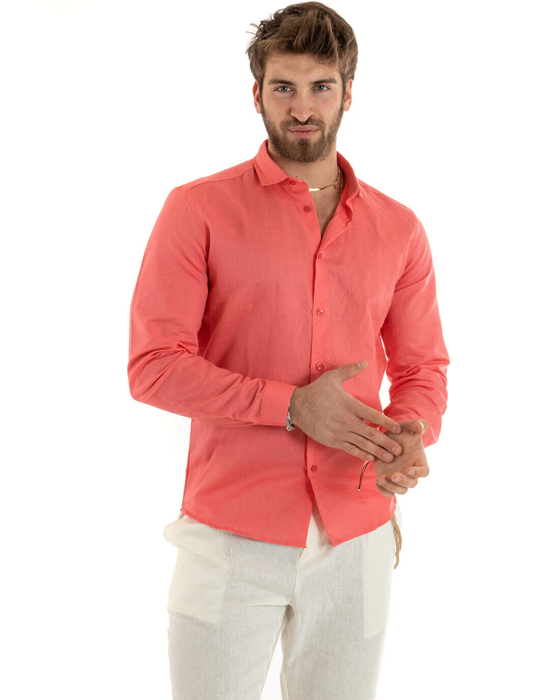 Men's Shirt With Collar Solid Color Coral Linen Long Sleeve Casual Tailored GIOSAL-C2724A