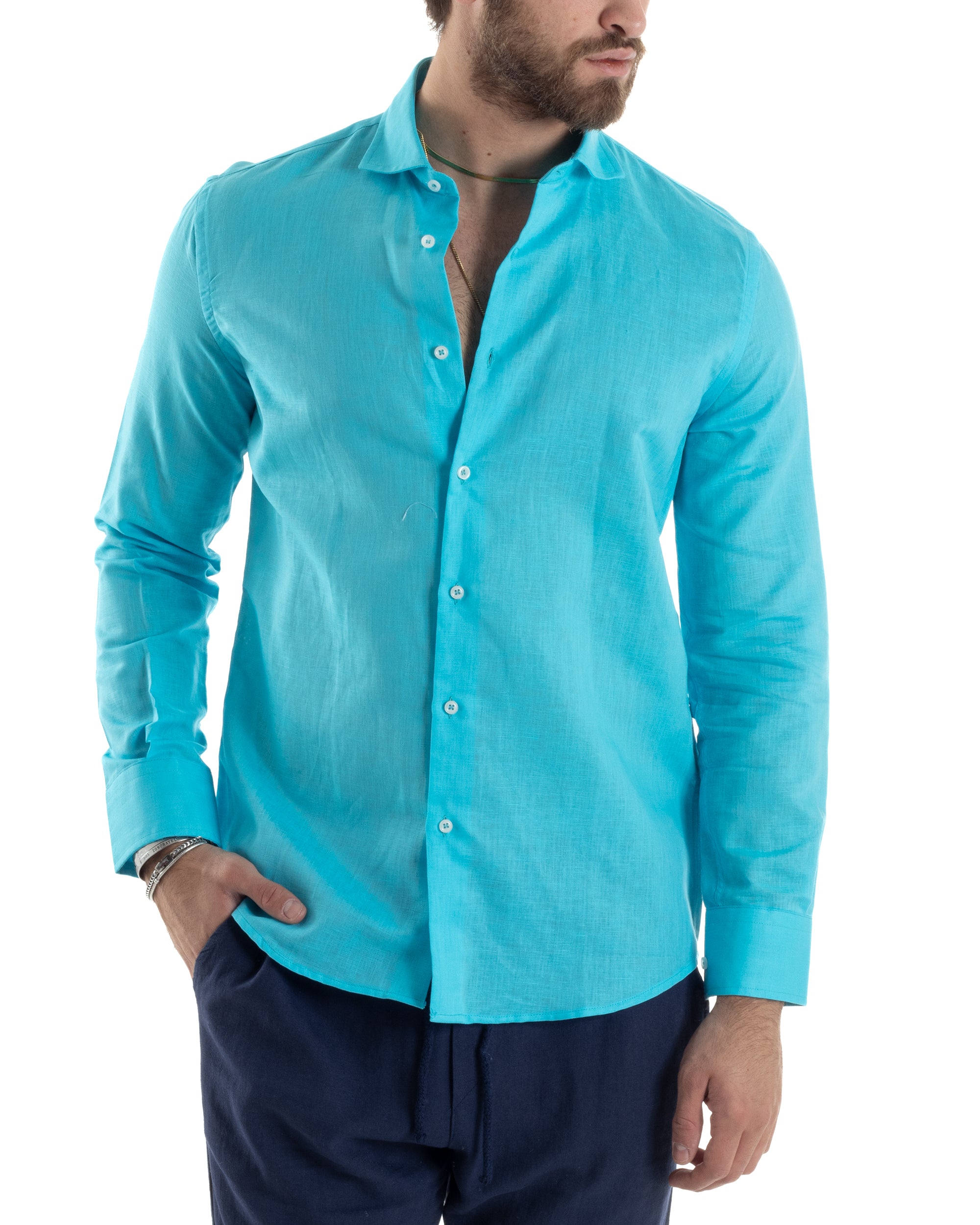 Men's Shirt With Collar Solid Color Turquoise Linen Long Sleeve Casual Tailored GIOSAL-C2726A