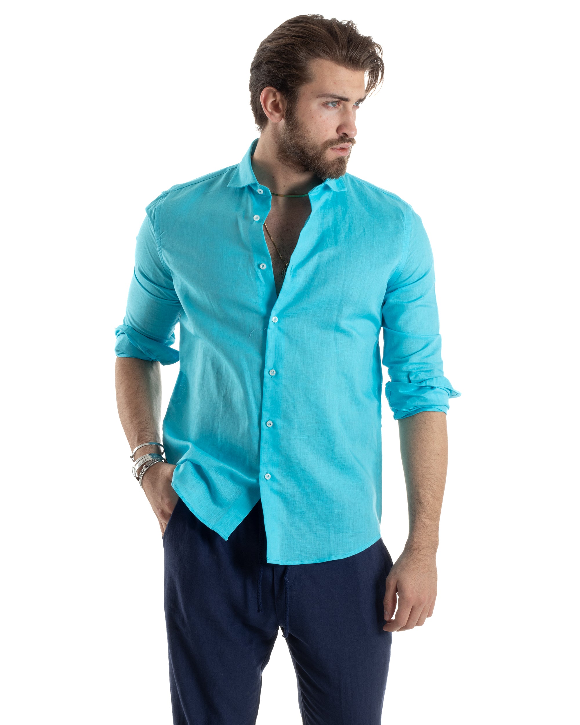 Men's Shirt With Collar Solid Color Turquoise Linen Long Sleeve Casual Tailored GIOSAL-C2726A