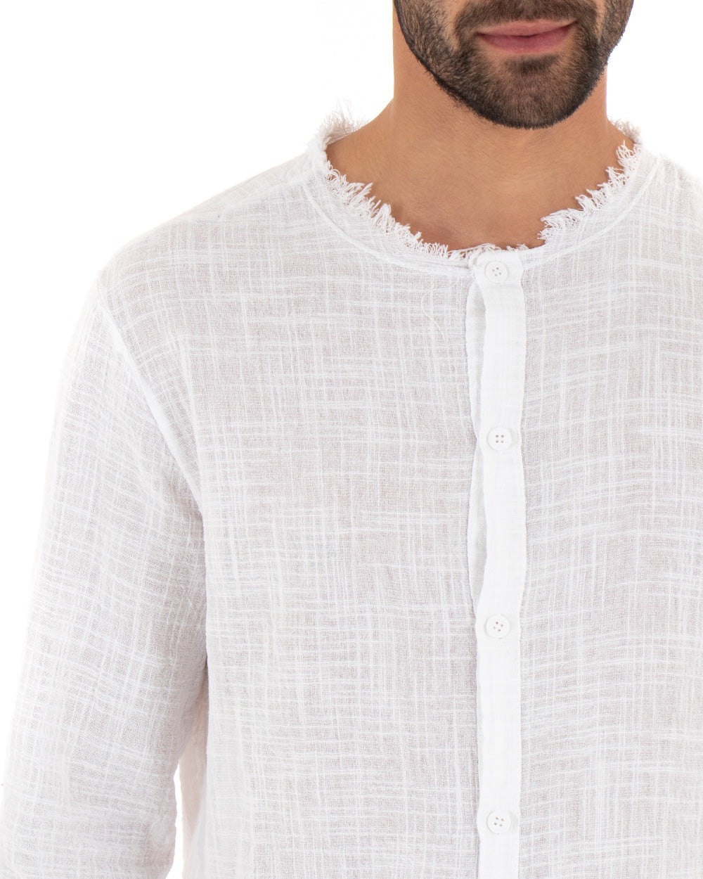 Camicia Uomo Sfrangiata Tinta Unita Bianco Manica Lunga Casual Cotone Lino GIOSAL-C2729A